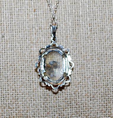 Vintage Oval Acrylic BLUE FLOWERS NECKLACE with Silver Tone Surround, Lobster Clasp and Necklace Chain 17" L