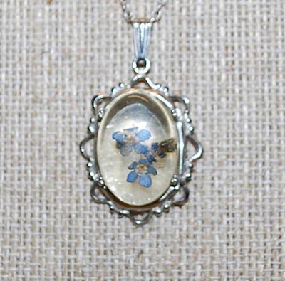 Vintage Oval Acrylic BLUE FLOWERS NECKLACE with Silver Tone Surround, Lobster Clasp and Necklace Chain 17" L