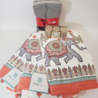 LOT 74: New Elephant Themed Bath Towels, Microfiber Towels, Scented Tealight Candles