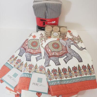 LOT 74: New Elephant Themed Bath Towels, Microfiber Towels, Scented Tealight Candles