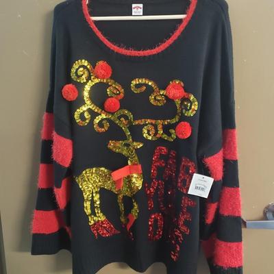 LOT 75: Christmas Sweaters with Sassy Reindeer & Santa Delivering Gifts- Plus size