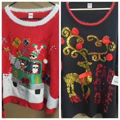 LOT 75: Christmas Sweaters with Sassy Reindeer & Santa Delivering Gifts- Plus size