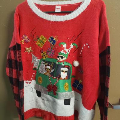 LOT 75: Christmas Sweaters with Sassy Reindeer & Santa Delivering Gifts- Plus size