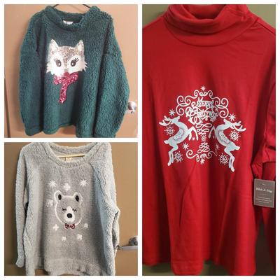LOT 77: New with Tag Holiday Top & Fuzzy Sherpa Sequined Plus Size Pullovers