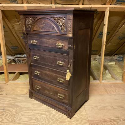 Z783 Antique Victorian East Lake Walnut Sidelock Tall Chester Drawers