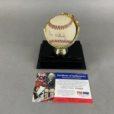 B794 Autographed Baseball By Don Mattingly "Donnie Baseball" On Trophy Glove Base