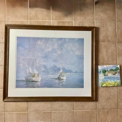 L900 Framed Print Signed Ray Ellis "Morning Mooring" With Ray Ellis Marthas Vineyard Memoir Book