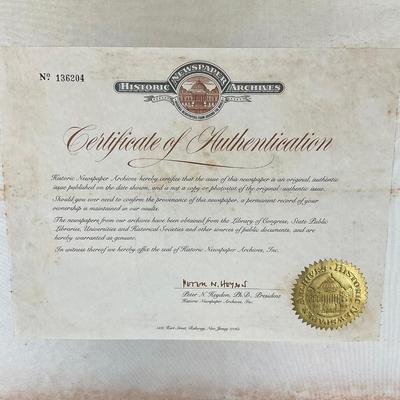 D901 Full Copy Of New York Times Newspaper October 29th, 1935 With Certificate Of Authentication