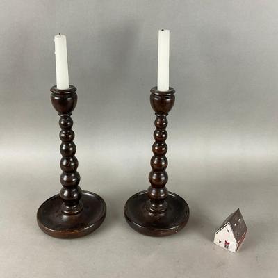 L902 Circa 1920s English Descending "Bobbin" Solid Wood Candlestick Holders