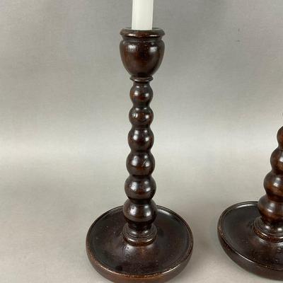L902 Circa 1920s English Descending "Bobbin" Solid Wood Candlestick Holders