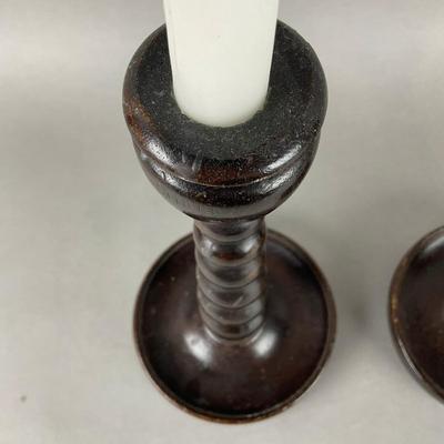 L902 Circa 1920s English Descending "Bobbin" Solid Wood Candlestick Holders