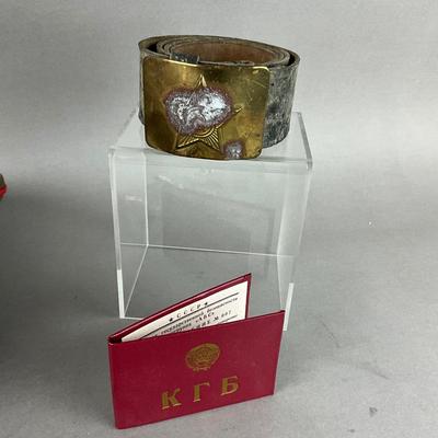 L850 Vintage Russian Hat and Pin Badge, Belt Set