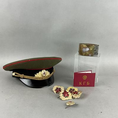 L850 Vintage Russian Hat and Pin Badge, Belt Set