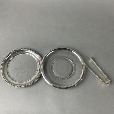 A914 Set Of Three Sterling Glass Silver Plates & Sugar Tongs