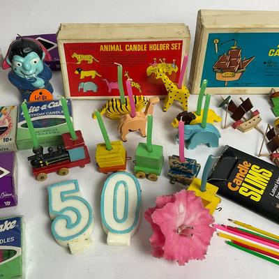 G957 Vintage Candle Holders With Vintage Birthday Candle Lot