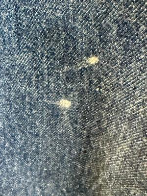 Sale Photo Thumbnail #303: In great condition, but there are two small light colored spots on back of left leg - see photos. They might come out in wash, but they might not.