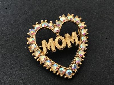 Heart Crystal Mom Vintage Brooch