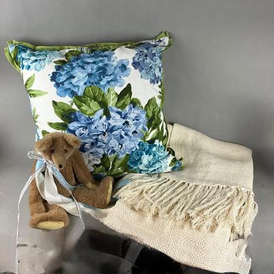 A1057 Hand Woven Linen Throw with Floral Linen Down Pillow and Bear