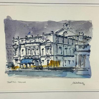 Z1063 Original Signed 1999 Watercolor Teatro Colon Opera House In Bueno Aires, Argentina