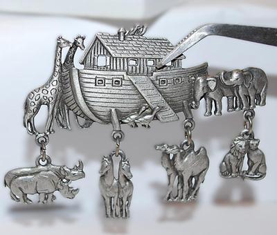 Silver Tone NOAH'S ARK BROOCH (2¾" x 2") - Marked "©JJ" with Rhinos, Horses, Lions and Giraffe Dangle Accents