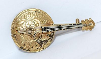 Black & Gold Tone BANJO BROOCH (1½" x ¾") -Marked "WEST GERMANY" with 4 Silver Colored Strings on a Gold Tone...