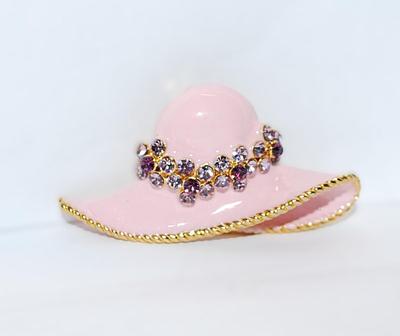 Pink LADIES HAT BROOCH (1¾" x ¾") with PURPLE & CLEAR Stone Accents and Gold Tone Setting