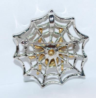 Silver Tone WEB & Gold Tone BEJEWELED SPIDER BROOCH (1½" Diam.) with Green Eyes on a 2 Tone Setting