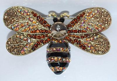 Large Amber & Iridescent Stones BEJEWELED BEE BROOCH (3" x 2") with Enamel Black Belly & Eyes & Clear Stone Center