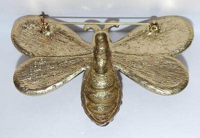 Large Amber & Iridescent Stones BEJEWELED BEE BROOCH (3" x 2") with Enamel Black Belly & Eyes & Clear Stone Center