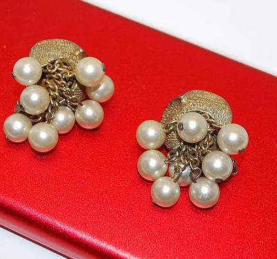 Vintage Style "PEARL CLUSTER" EARRINGS Set with Faux Pearl Dangles and Clip-On Clasp