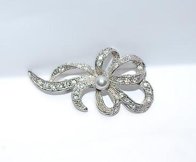 Silver Colored Bejeweled BOWTIE BROOCH (2" x 1") with Single Faux White Pearl Accent