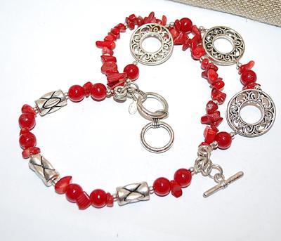 Red Beaded 3 Strand Large Opening UPPER ARM/BRACELET (4½" Opening) - Marked "JC" - with 3 Designed Disks & Toggle Clasp