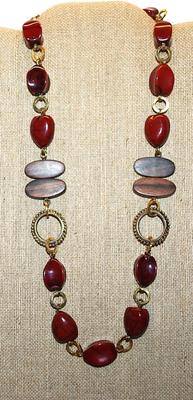 Chunky Deep Red BEADED NECKLACE with Oval Wood Accents and Gold Tone Circles with Lobster Clasp 24" L