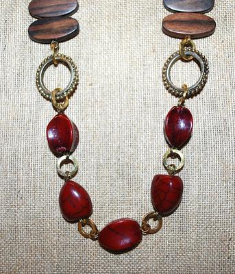 Chunky Deep Red BEADED NECKLACE with Oval Wood Accents and Gold Tone Circles with Lobster Clasp 24" L