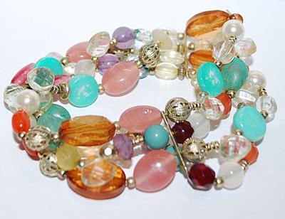 Amber, Pink & Green BEADED BRACELET (2" Opening) with 4 Strands Assorted Shaped Beads