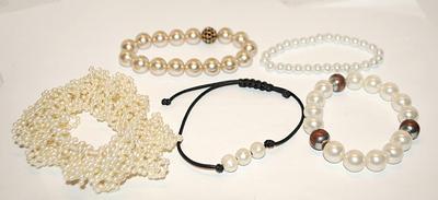 Collection of 5 "PEARL THEMED" BRACELETS with Small, Medium and Large Sized Faux Pearls