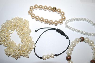 Collection of 5 "PEARL THEMED" BRACELETS with Small, Medium and Large Sized Faux Pearls