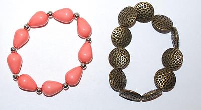 Collection of 2 Elastic BRACELETS (2" Opening) with Pink Teardrops and Metal Dippled Pods