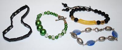 Collection of 4 Green, Black & Silver Colored Globes Fixed Size BRACELETS (2"-3" Opening) and Assorted Clasps