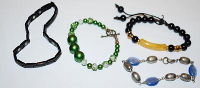 Collection of 4 Green, Black & Silver Colored Globes Fixed Size BRACELETS (2"-3" Opening) and Assorted Clasps