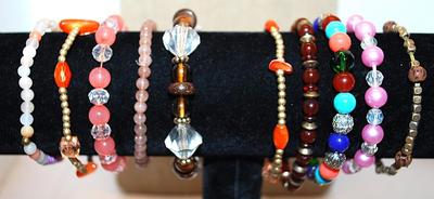 Collection of 10 Elastic BRACELETS with Various Colors & Beads (2" - 3" Opening)