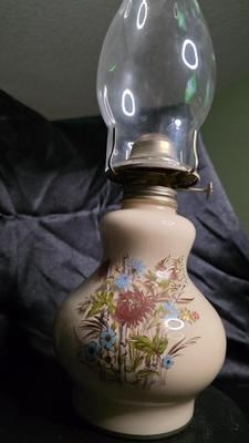 Kaadan Ltd. Vintage Floral Kerosene Lamp 16 Inch Hand Painted Oil Lamp with Clear Hurricane Chimney (1970s-1980s)