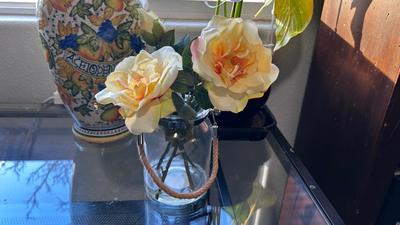 LIVE PLANT, VASE AND FAUX FLOWERS