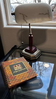 GLASS TOP DESK, CHAIR, BOOKS AND OTT-LITE LAMP