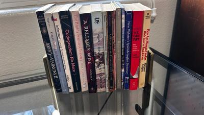 GLASS TOP DESK, CHAIR, BOOKS AND OTT-LITE LAMP