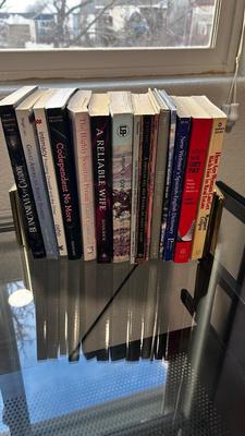 GLASS TOP DESK, CHAIR, BOOKS AND OTT-LITE LAMP