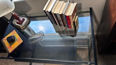 GLASS TOP DESK, CHAIR, BOOKS AND OTT-LITE LAMP