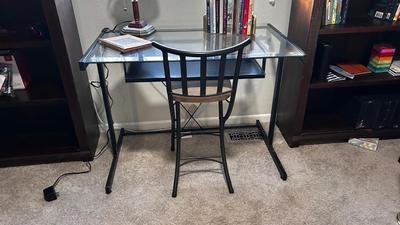 GLASS TOP DESK, CHAIR, BOOKS AND OTT-LITE LAMP