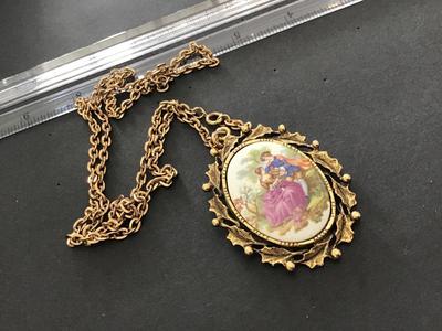 Vintage Porcelain/ Ceramic Pendant with Chain Necklace
