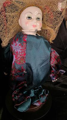 Vintage Gold Deer & Co. Ltd. Porcelain Display Doll – Teal & Crimson Ensemble with Golden Headdress